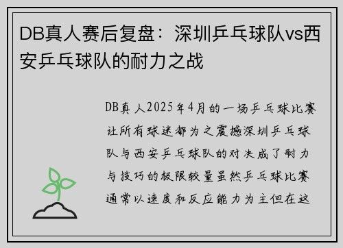 DB真人赛后复盘：深圳乒乓球队vs西安乒乓球队的耐力之战
